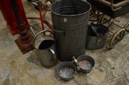 Galvanised items to include watering can, dustbin etc.
