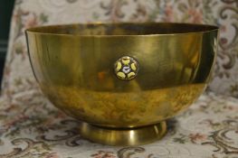 Brass pedestal bowl with floral enamelled decoration.