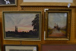 Philip Rideout, couple in a horse drawn cart, oil on board together with an oil picture of a