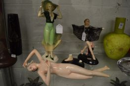 Two Goldscheider porcelain figures of ladies (one badly damaged) together with another porcelain