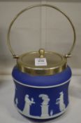 Wedgwood jasperware biscuit barrel with plated mounts.