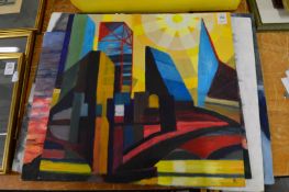 Four unframed oil paintings.