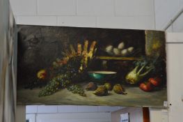 Still life of fruit and vegetables, oil on canvas, unframed.