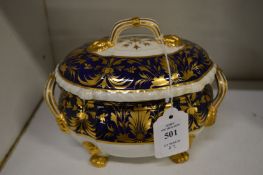 A Derby gilt decorated sauce tureen and cover together with a Minton fruit decorated bowl.