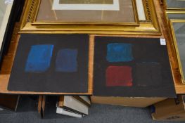 A pair of abstract paintings, oil on board, unframed.