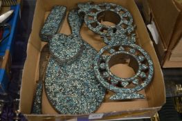 A collection of six turquoise inlaid Persian metal items.