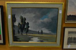 Open landscape with a stream and trees, oil on board.