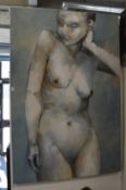 Standing female nude, a large oil on canvas, unframed.