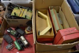 An O gauge clockwork locomotive and related items.