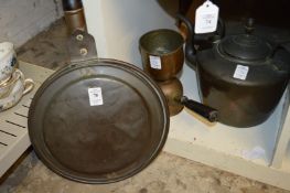 Copper bed warming pan, a kettle and a coffee percolator.