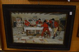 Cecil Aldin, Huntsmen are taking of lunch, colour print.