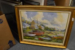 A collection of decorative paintings and prints.