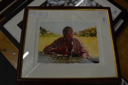 A study of a seated woman holding a phone together with two pictures of dogs by the same artist.