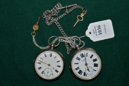 Two gentlemans silver pocket watches with watch chain.