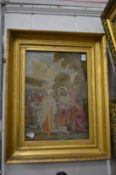 A Victorian silk work biblical picture in a gilt frame (faults).