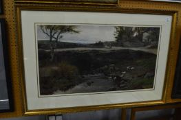 John McDougal, view of a bridge over a stream with figures and cottage, watercolour, signed.