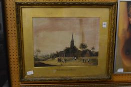 After Teniers, figures playing bowls outside a church, watercolour.