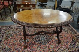 A good Victorian figured walnut oval stretcher table.