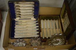 Two cased sets of dessert knives and forks and other items.