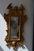 Two decorative gilt framed small mirrors with pictorial mirrored panels.