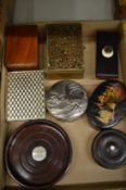 Trinket boxes, a turned wood coaster, a turned wood box and cover etc.