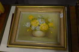 Still life of flowers in a bowl, oil on canvas and two prints.