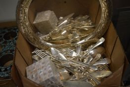 Plated circular salver, flatware etc.