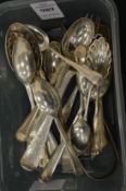 Silver coffee spoons, tea spoons and sugar tongs.