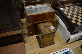 An oak cigarette box, another pictorial box and a writing slope.