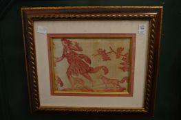 A printed linen picture and an embroidered picture.