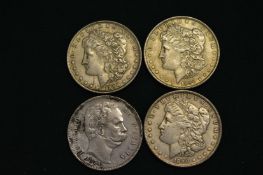 Four American and other coins.