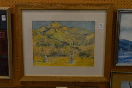 Arid mountainous landscape, pencil and watercolour.