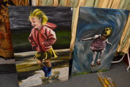 Two large oil paintings, The Puddle and Skipping.