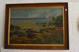 An estuary with ducks on a shoreline, oil on canvas.