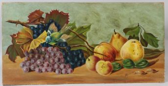 C NUNN Still life with fruit and bird oil on panel unframed signed 30.5 x 61cm