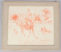 MANNER OF ALFRED MUNNINGS Huntsman on horseback with hounds red crayon unframed 24 x 28.5cm
