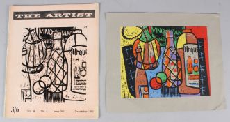 DOUGLAS MAZONOWICZ Bottles on a table colour serigraph unframed (a/f) 19 x 24cm with a copy of The