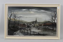 RON FOLLAND Winter landscape with buildings oil on board signed artist's label verso 45.5 x 76cm