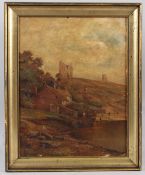CHARLES LANCASTER (1886-1959) Shoreline view of a ruin on a hillside oil on board signed 44.5 x 34.