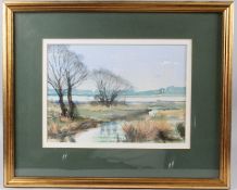 MARK FLEMONS Landscape with trees and estuary watercolour signed 23.5 x 33cm