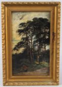 ENGLISH SCHOOL (19TH CENTURY) Woman on a forest track oil on board bears stencil verso 23.5 x 14cm