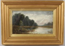 CIRCLE OF CHARLES LESLIE Angler in a punt at a river's edge oil on board/panel? inscribed