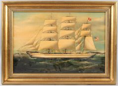 MARITIME SCHOOL Three mast yacht with American flag oil on board signed indistinctly 31 x 46cm