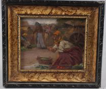 MANNER OF CAROLUS PALLYA Women at a market oil on board signed indistinctly 11 x 13.5cm