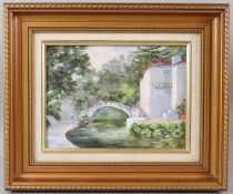 LOUISE KELLEY TRENTON Riverbank building and bridge oil on board signed 21.5 x 29cm