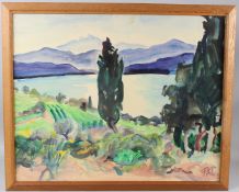 CONTINENTAL SCHOOL (POSSIBLY GERMAN 20TH CENTURY) Lake landscape watercolour signed with initials 55