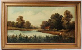 19TH CENTURY SCHOOL Figure seated on a riverbank oil on board 29 x 54.5cm