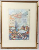 JUDY STRAFFORD 'Sunday Market Arezzo' acrylic on board bears exhibition label verso 38.5 x 26cm