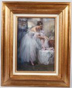 KONSTANTIN RAZUMOV (1974 RUSSIAN) Dancer tying her laces oil on canvas signed Inscribed on the
