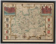 JOHN SPEEDE 'Surrey Described and Divided into Hundreds' engraved map with colouring 38.5 x 52cm